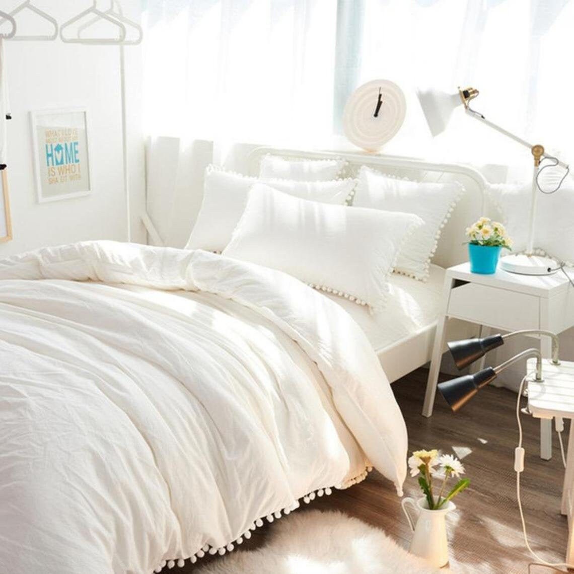White Pom Pom Duvet Cover Set In Cotton Bohemian King Size Etsy