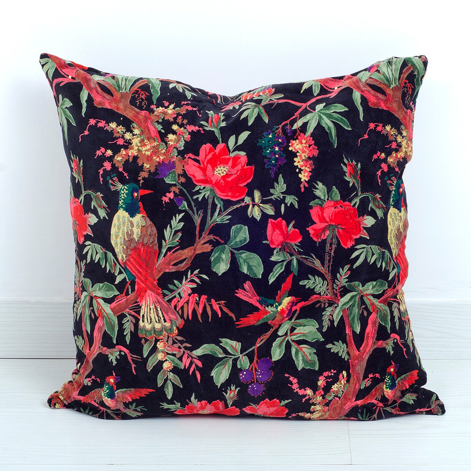 Black Bird Print Velvet Pillow Cover Velvet Pillows Black Etsy