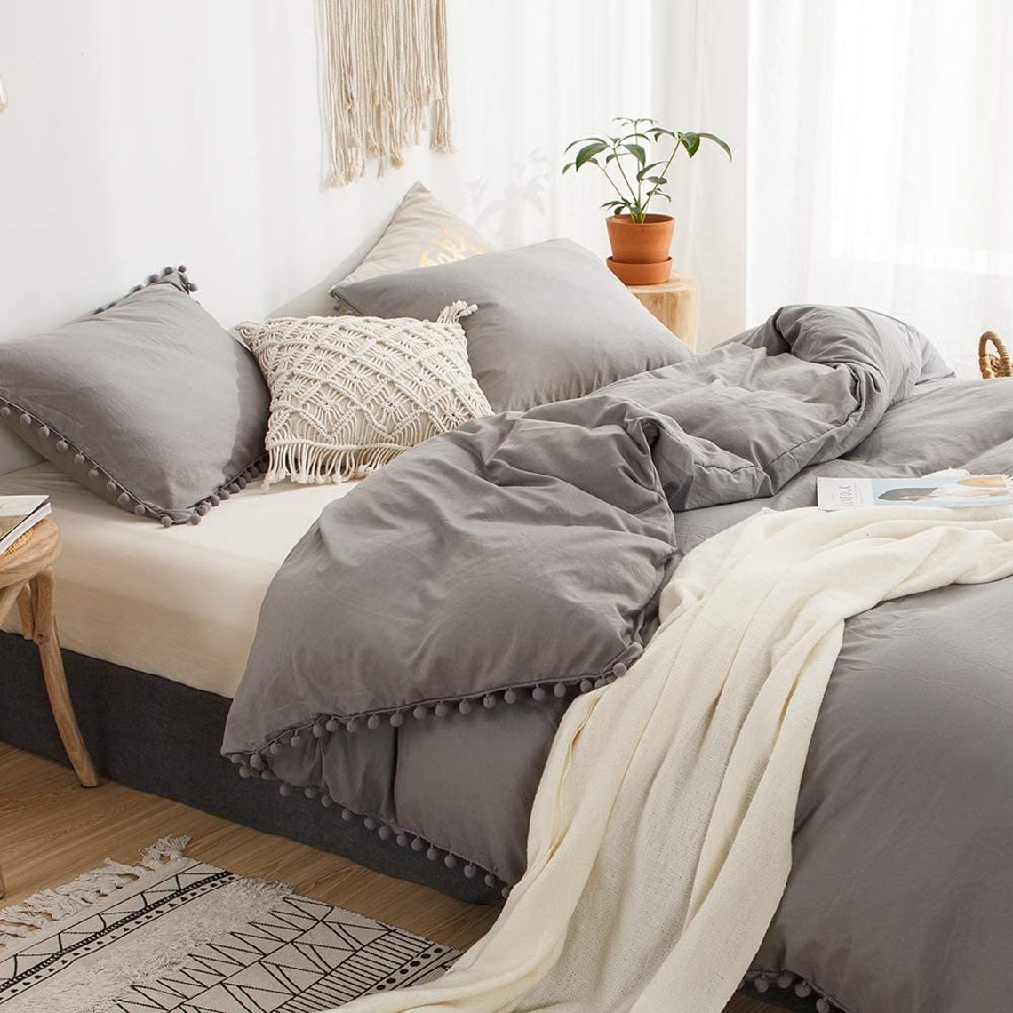 Grey Pom Pom Duvet Cover 3pc Set Boho Duvet Cover Full King Etsy