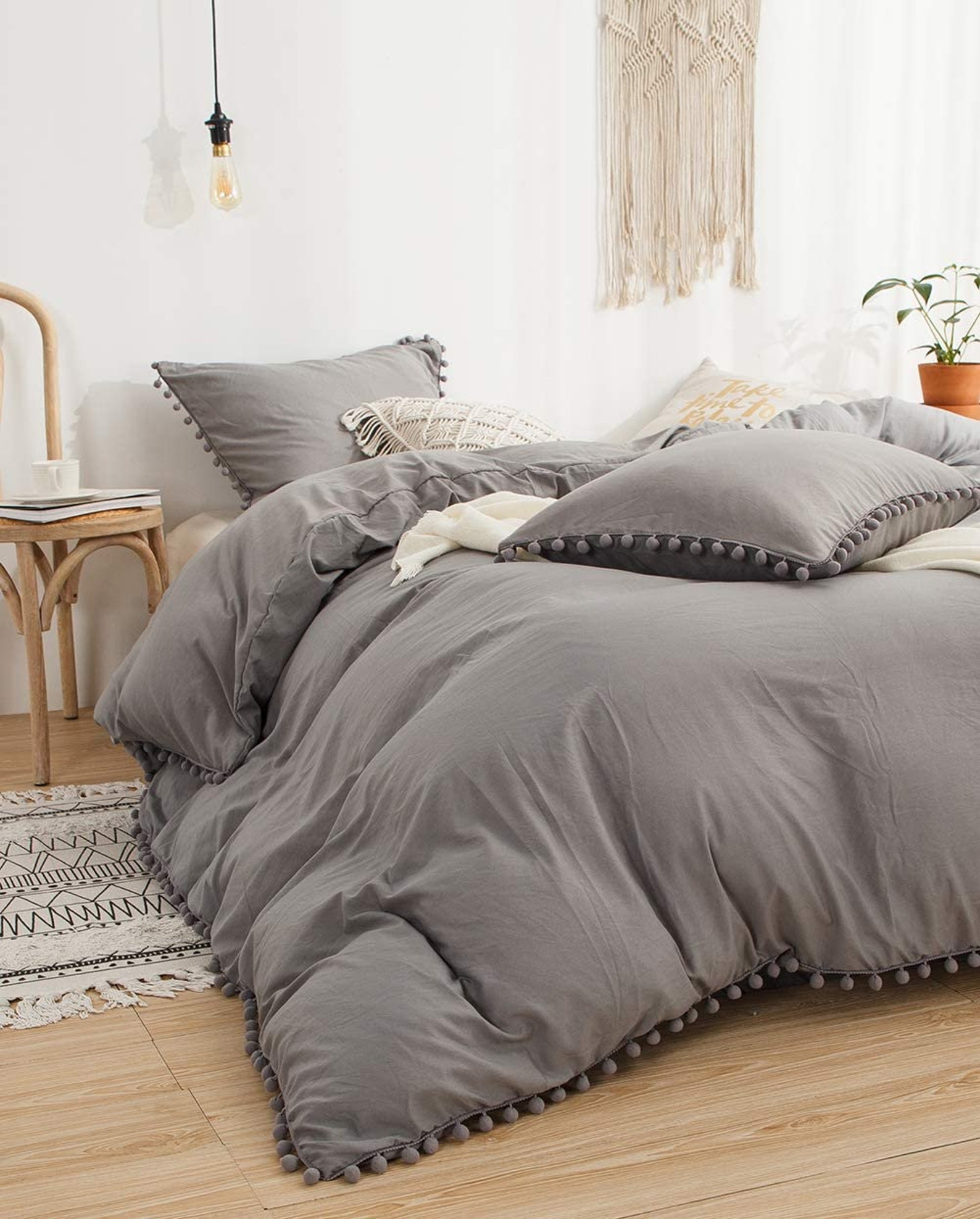 Grey Pom Pom Duvet Cover 3pc Set Boho Duvet Cover Full King Etsy