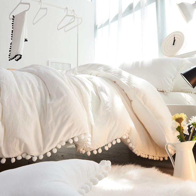 White Pom Pom 5 Pcs Bedding Set King Duvet Cover Queen Quilt Etsy