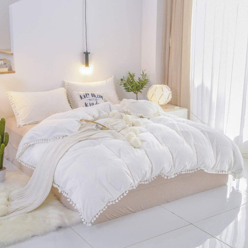5 Pc White Tassel Duvet Cover King Size Duvet Cover Bohemian Etsy