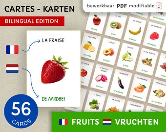 56 Lernkarten - Montessori Lernen - Früchte - Editierbares PDF - Französisch + Niederländisch