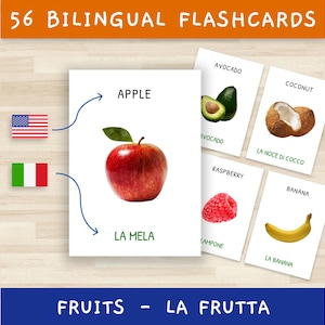 56 cartes éducatives - Apprentissage montessori - Fruits - PDF modifiable - Anglais + Italien