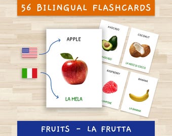 56 Lernkarten - Montessori Lernen - Früchte - Editierbares PDF - Englisch + Italienisch