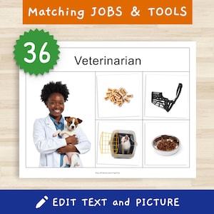 May include: A flashcard set titled "Matching Jobs & Tools" with the number 36 in a green starburst. The card features a veterinarian holding a dog, alongside images of pills, a muzzle, a pet carrier, and a bowl of food.