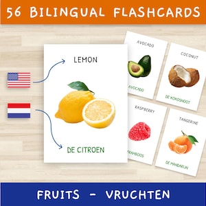 56 cartes éducatives - Apprentissage montessori - Fruits - PDF modifiable - Anglais + Néerlandais