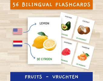 56 Lernkarten - Montessori Lernen - Früchte - Editierbares PDF - Englisch + Niederländisch