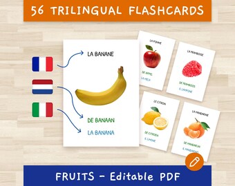 56 Lernkarten - Montessori-Lernen - Früchte - Bearbeitbares PDF - Französisch + Niederländisch + Italienisch