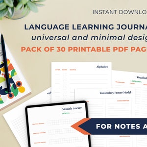 May include: A printable language learning journal with a pack of 30 pages. The journal features a minimalist design with pages for vocabulary lists, alphabet practice, and monthly trackers. The journal is designed for use with the Notes app.