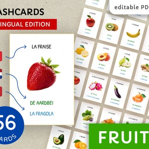 56 cartes éducatives - Apprentissage montessori - Fruits - PDF modifiable - Français + Néerlandais + Italien
