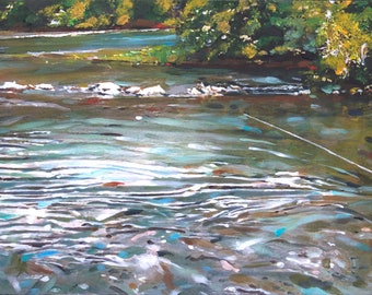 May include: A person wearing a red hat and blue shirt is fishing in a shallow river. The water is clear and the riverbed is visible. The person is standing in the middle of the river and is casting a fishing line.