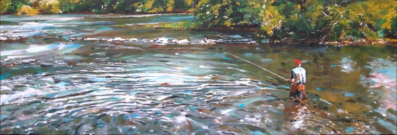 Fly fishing on the Caney. trout fly fishing painting
