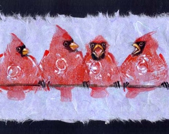 Red Breast.  boobie rubbings from women's nipples redbirds cardinals painting of cardinal nature prints