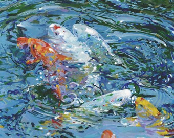 Feeding Koi. fish painting/ koi painting/ goldfish/ riverscape