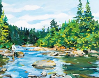 May include: A painting of a man fly fishing in a river surrounded by green trees. The water is blue and the sky is light blue with white clouds.