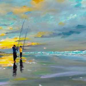 May include: Two people stand on a sandy beach with their fishing rods in the water. The sky is a mix of blue, gray, and yellow with clouds. The water is a light blue and the sand is a light gray.