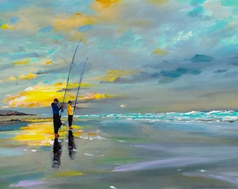 Yellow Sunset.  Giclee prints ocean sunset outer banks coastal paintings surf fishing paintings of fishing yellow sunset