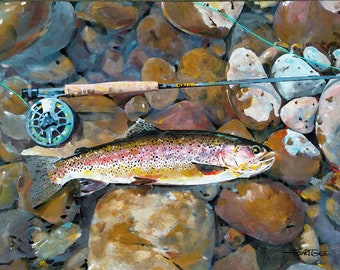 Just Caught fly fishing painting/ rainbow trout/riverscape/ Streams/ lake house art