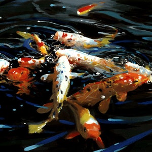 May include: A group of colorful koi fish swimming in a dark pond. The fish are white, orange, red, and black with spots and patterns. The water is dark blue with ripples and bubbles.