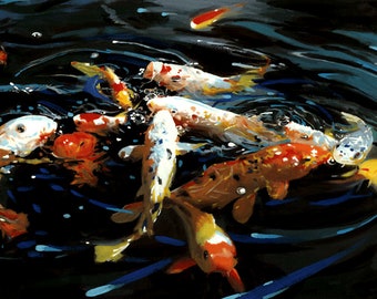 Feeding Frenzy  giclee print goldfish koi pool fish garden art fish painting
