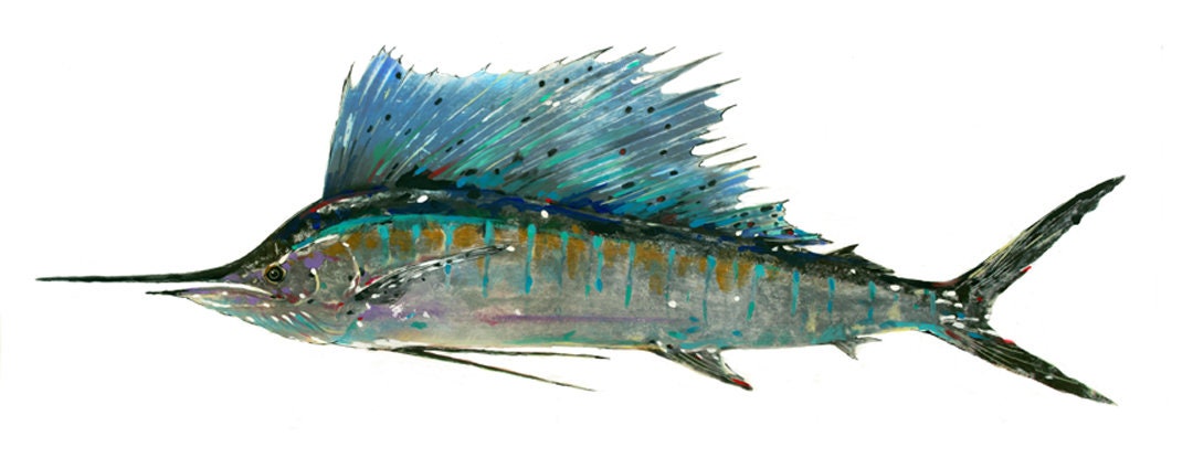 バショウカジキ。魚拓版画、本物の魚の拓本から。ゲームフィッシュ