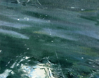 May include: An oil painting showing a person fly fishing in a river. The water is a mix of blues and greens, with ripples and reflections. The person is wearing waders and a hat, standing in the water. The overall theme is fishing and outdoor recreation.