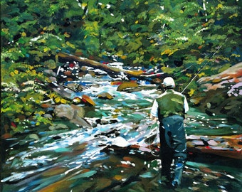 May include: A person fly fishing in a stream surrounded by lush green trees. The water is clear and flowing quickly over rocks. The person is wearing a green vest and a hat.
