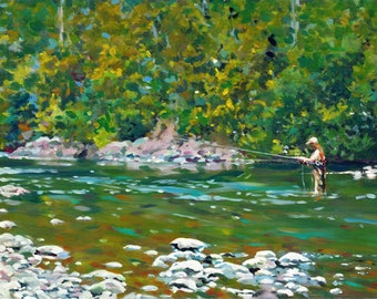 May include: A painting of a person fly fishing in a river. The river is surrounded by green trees and has a rocky bottom. The water is clear and blue.