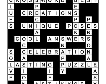 May include: Black and white crossword puzzle with the words "CROSSWORD" and "BEST" at the top. The puzzle is filled with words like "CREATIONS", "UNIQUE", "ANSWERS", "CELEBRATION", "LASTING", and "PUZZLE".