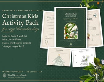 Christmas Activities for Kids Printable, Letter to Santa, Wish List, Coloring Pages and Holiday Games Pack
