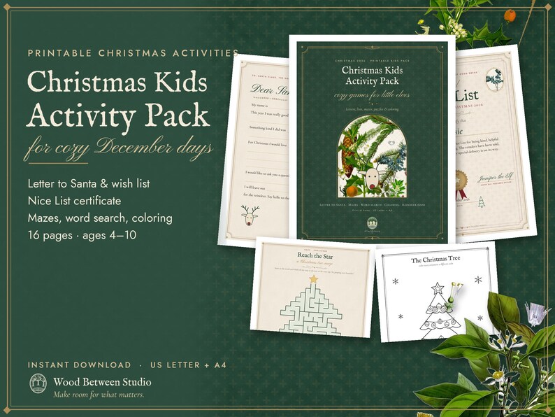Christmas Activities for Kids Printable, Letter to Santa, Nice List Certificate, Reindeer Food Tags, Mazes, Word Search, Coloring Pages image 1