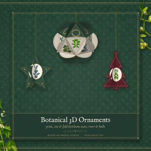 3D Paper Ornaments Printable, Botanical Star and Christmas Tree Decorations, DIY Holiday Papercraft Template image 2