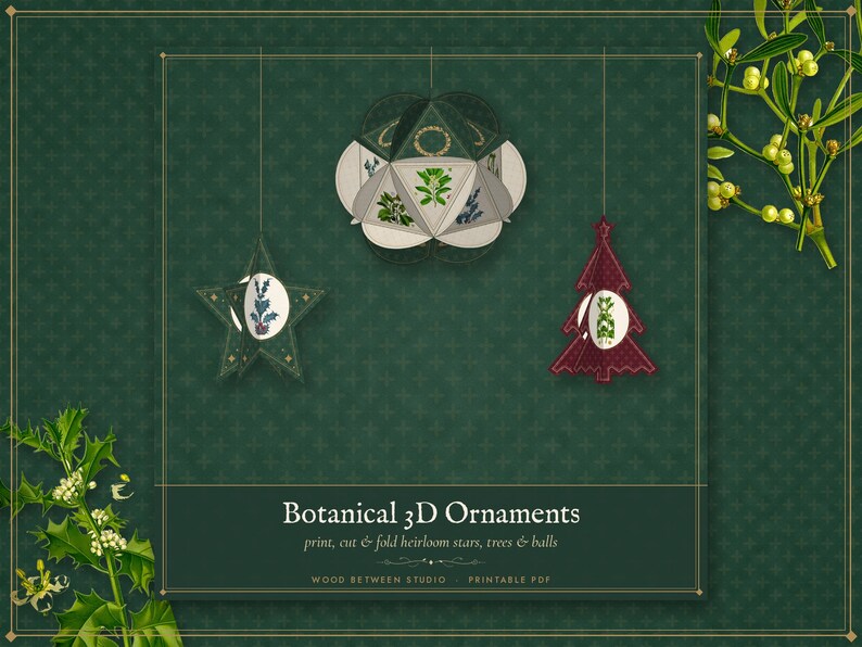 3D Paper Ornaments Printable, Botanical Star and Christmas Tree Decorations, DIY Holiday Papercraft Template image 2