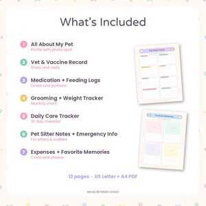 Registro de cuidado de mascotas imprimible, historial de salud de perros y gatos, registro de vacunación de mascotas, instrucciones para cuidadores de mascotas, registro de medicamentos para mascotas, planificador de mascotas adorable imagen 4