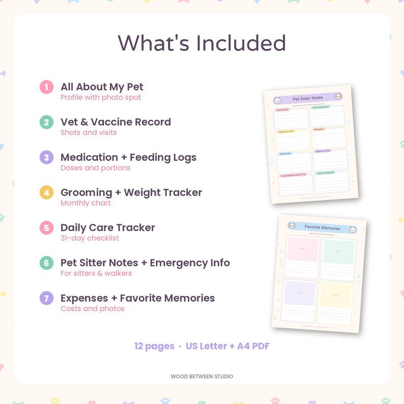 Registro de cuidado de mascotas imprimible, historial de salud de perros y gatos, registro de vacunación de mascotas, instrucciones para cuidadores de mascotas, registro de medicamentos para mascotas, planificador de mascotas adorable imagen 4