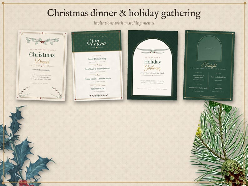 Modèle d'invitation et de menu modifiable pour une fête de Noël, invitation pour le réveillon du Nouvel An, menu pour un dîner de fêtes, invitation pour un Noël entre amis, format vintage 5x7 image 3