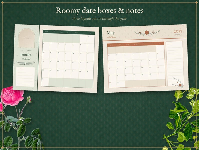2027 Wall Calendar Printable, Editable Botanical Monthly Calendar, Vintage Floral Planner Pages, Instant Download PDF image 3