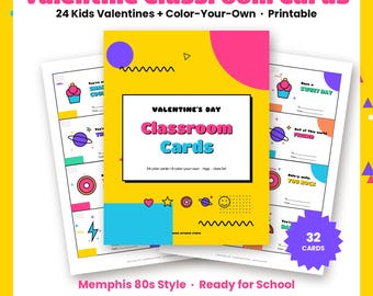 Printable Valentine Cards for Kids Classroom, 24 Valentines Day Cards for School, Color Your Own Valentines, Treat Tags, Class List