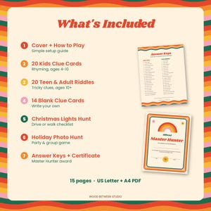 Christmas Scavenger Hunt Printable for Kids & Teens, 40 Treasure Hunt Clues, Christmas Lights Hunt, Family Holiday Game, Retro Groovy image 4
