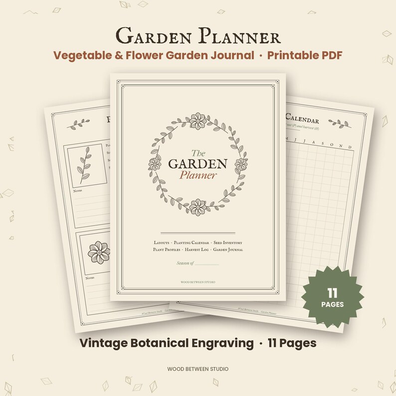 Garden Planner Printable, Vegetable Garden Journal, Planting Calendar, Seed Inventory, Garden Layout, Harvest Log, Botanical PDF image 1