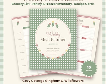 Weekly Meal Planner Printable, Grocery List, Pantry & Freezer Inventory, Recipe Cards, Monthly Menu Planner, Cottagecore Kitchen PDF