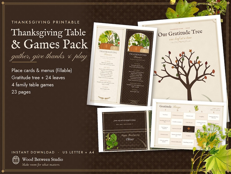 Thanksgiving Printable Table Set and Games, Place Cards, Menu and Family Activities, Instant Download image 1