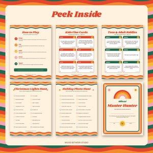 Christmas Scavenger Hunt Printable for Kids & Teens, 40 Treasure Hunt Clues, Christmas Lights Hunt, Family Holiday Game, Retro Groovy image 2