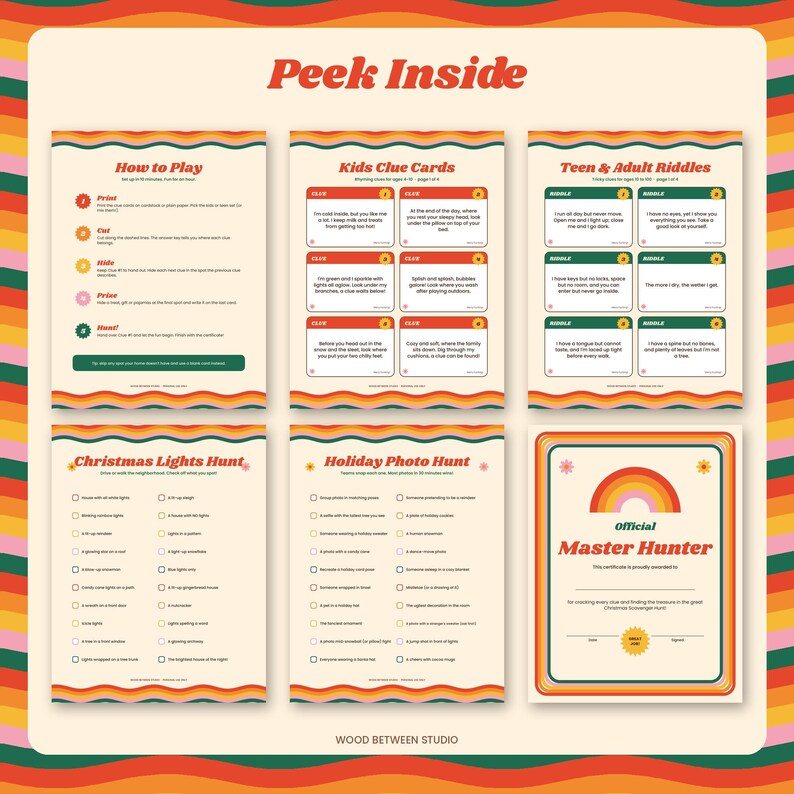 Christmas Scavenger Hunt Printable for Kids & Teens, 40 Treasure Hunt Clues, Christmas Lights Hunt, Family Holiday Game, Retro Groovy image 2