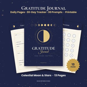 Gratitude Journal Printable, Daily Gratitude Pages, 30 Day Gratitude Tracker, Journal Prompts, Self Care Journal, Celestial Moon PDF