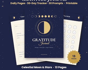 Gratitude Journal Printable, Daily Gratitude Pages, 30 Day Gratitude Tracker, Journal Prompts, Self Care Journal, Celestial Moon PDF