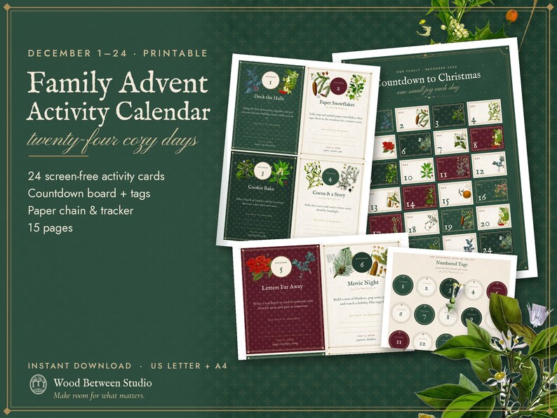 Advent Calendar Printable, 24 Family Christmas Countdown Activity Cards, Kids Holiday Traditions, Instant Download image 1