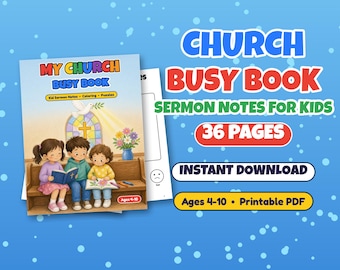 May include: A printable 36-page Church Busy Book for kids aged 4-10, featuring sermon notes, colouring, and puzzles. The cover shows three children sitting on a wooden pew in front of a stained glass window with a dove and a cross.