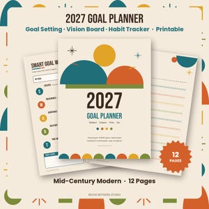 Planificador de objetivos para 2027 imprimible, hojas de trabajo para establecer objetivos de Año Nuevo, tablero de visión, objetivos SMART, registro de hábitos, revisión anual, PDF de mediados de siglo imagen 1